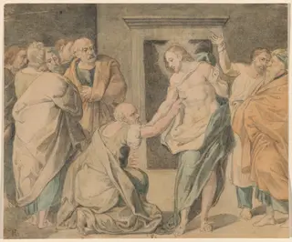 Christ with Doubting Thomas and the Apostles, by Henri Lehmann, watercolor, 1848