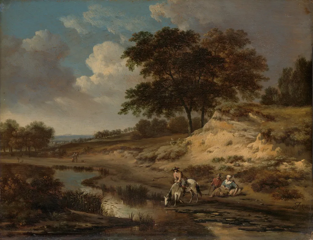 Landscape with a rider watering his horse, by Jan Wijnants, oil, 1669