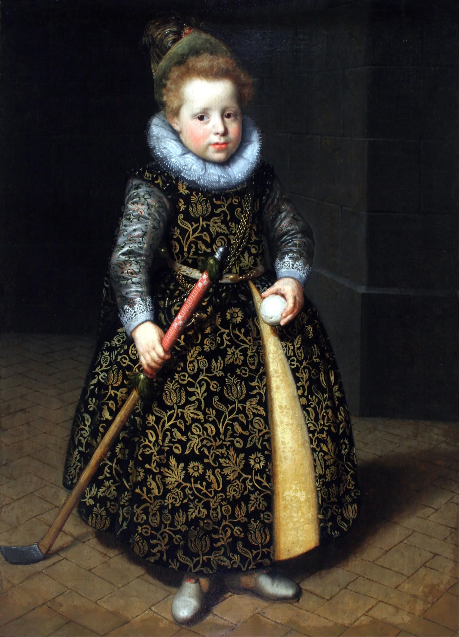 Portrait of a four-year old boy with a club and ball, detail
