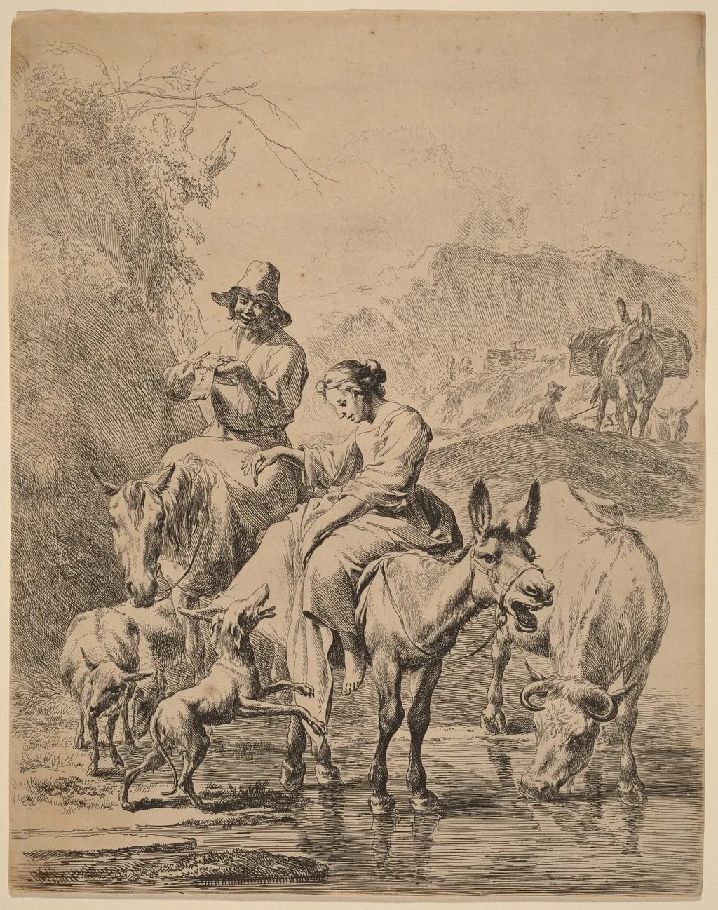 Shepherdess on a Donkey, by Nicolaes Pieterszoon Berchem, ink, 1655