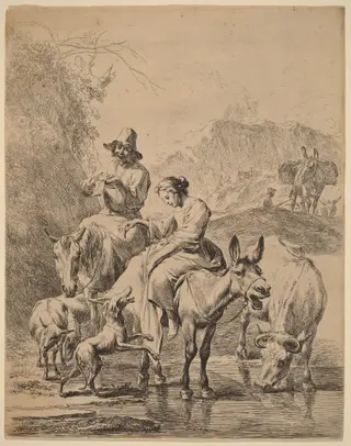 Shepherdess on a Donkey, by Nicolaes Pieterszoon Berchem, ink, 1655