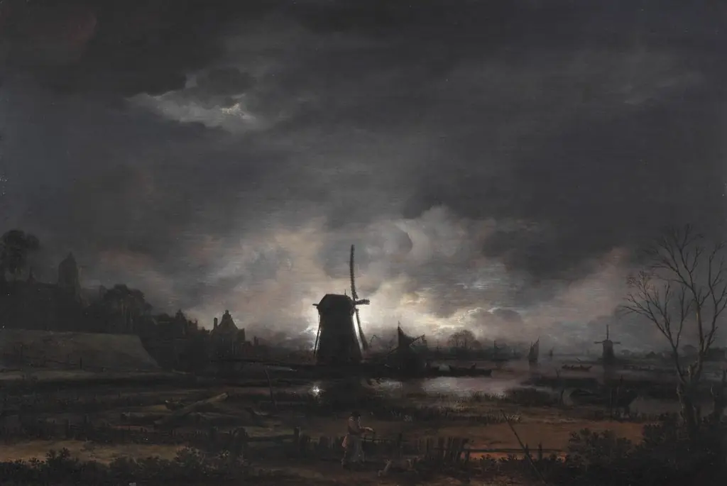 Moonlit Landscape with a Windmill, by Aert van der Neer, oil, 1650