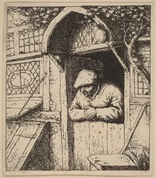 Peasant Leaning on His Doorway, by Adriaen van Ostade, ink, 1653