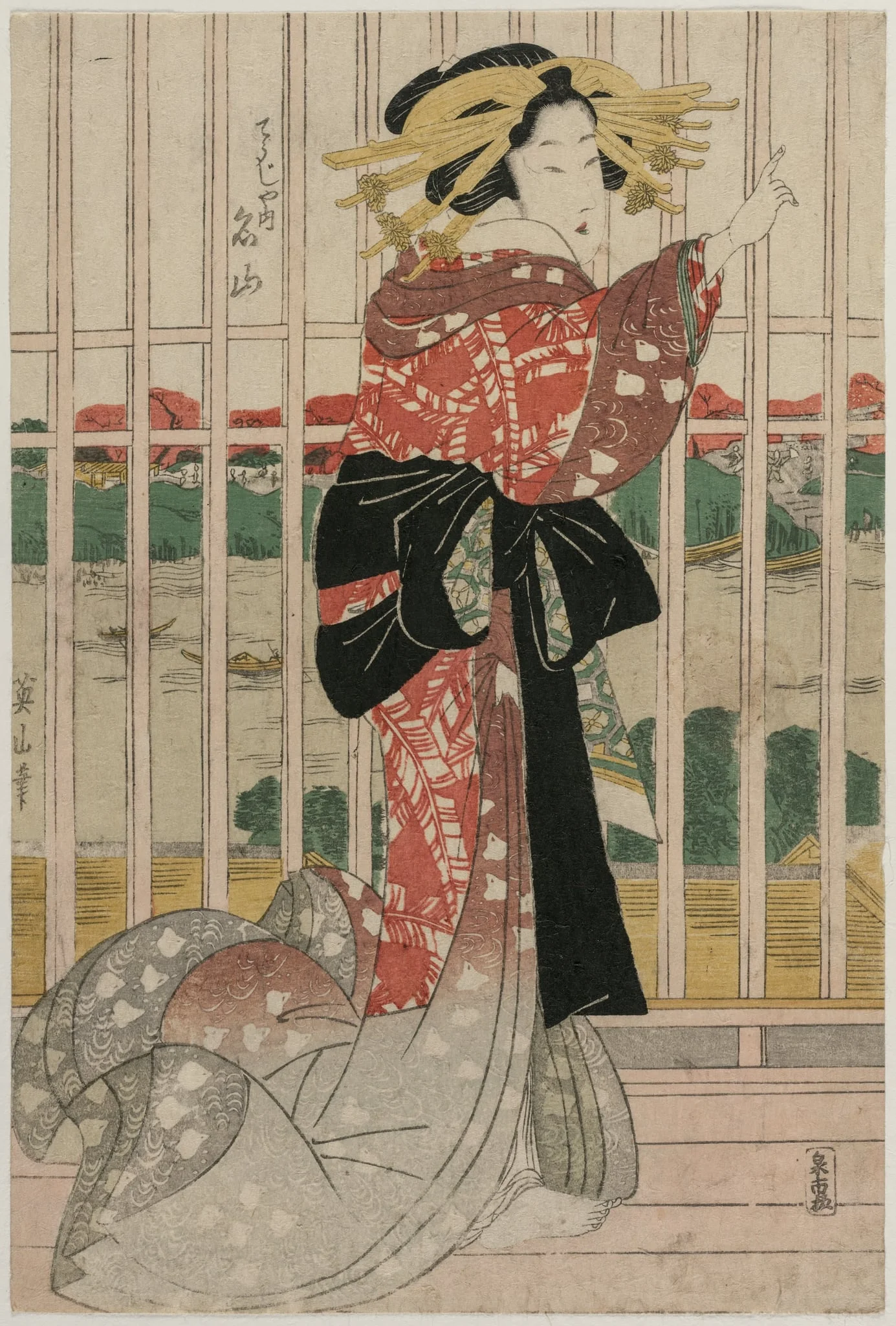 The Courtesan Meizan of the Chojiya on a Balcony Overlooking the Sumida River, detail