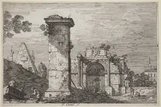 Landscape with Ruined Monuments, by Canaletto, ink, 1740