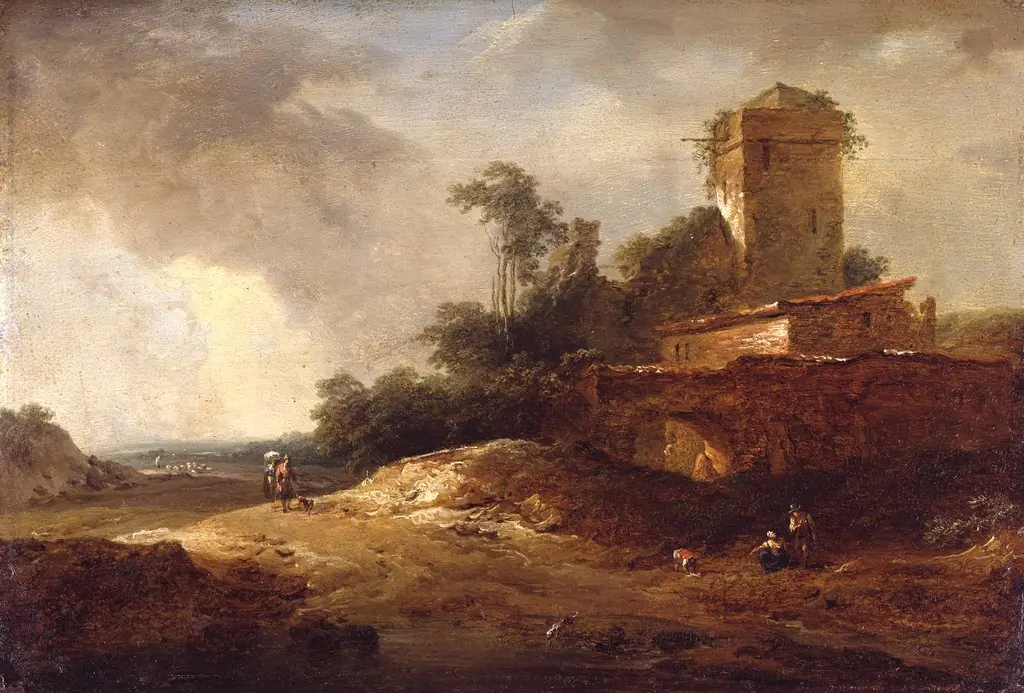 Landscape with a tower, by Johann Christian Brand, oil, 1769