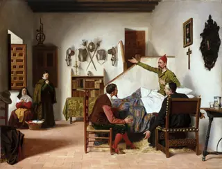 Visita del cura y el barbero a don Quijote, by Miguel Jadraque y Sánchez, oil, 1890