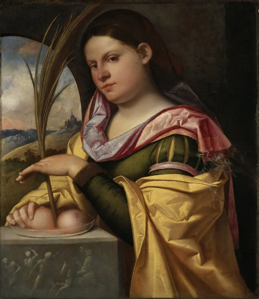 Portrait of a Young Woman as Saint Agatha, by Giovanni Cariani, oil, 1516