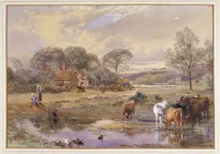 Landscape with Cattle, by Birket, watercolor, 1845