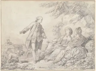 A Man and Two Women on a Rocky Shore, by Jean-Baptiste Le Prince, graphite, 1765