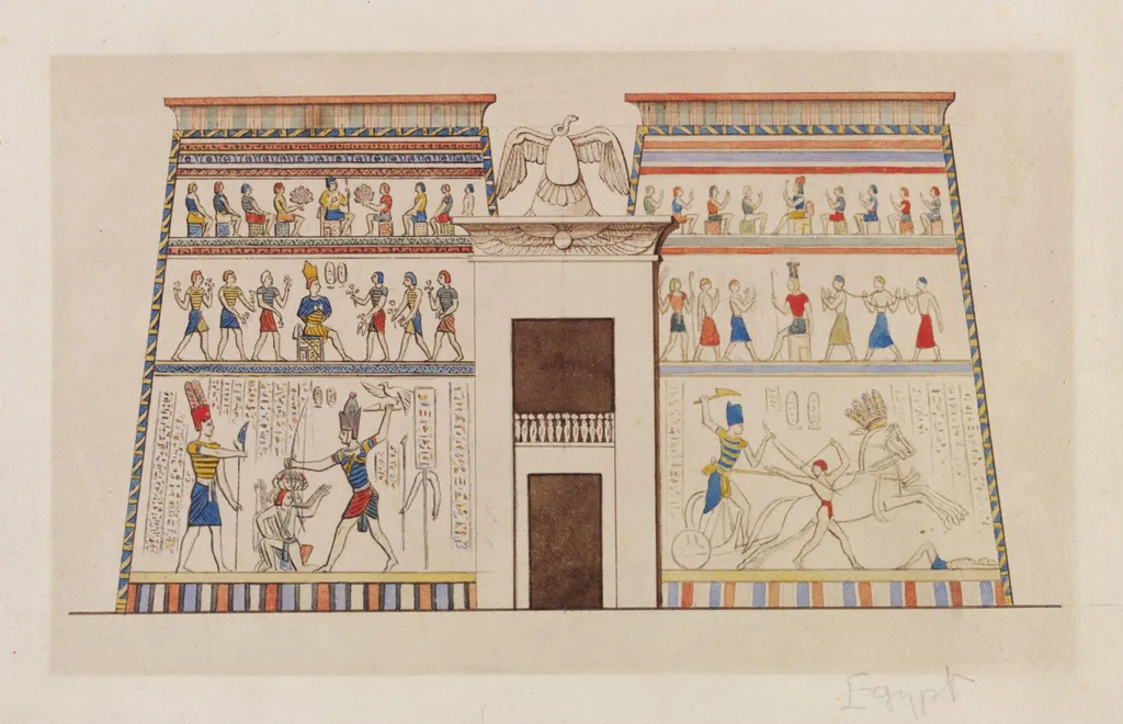 Architectural drawing of an entrance pylon to an Egyptian temple, by Owen Jones, watercolor, 1853