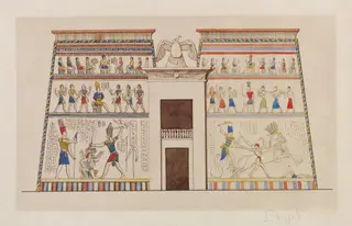 Architectural drawing of an entrance pylon to an Egyptian temple, by Owen Jones, watercolor, 1853