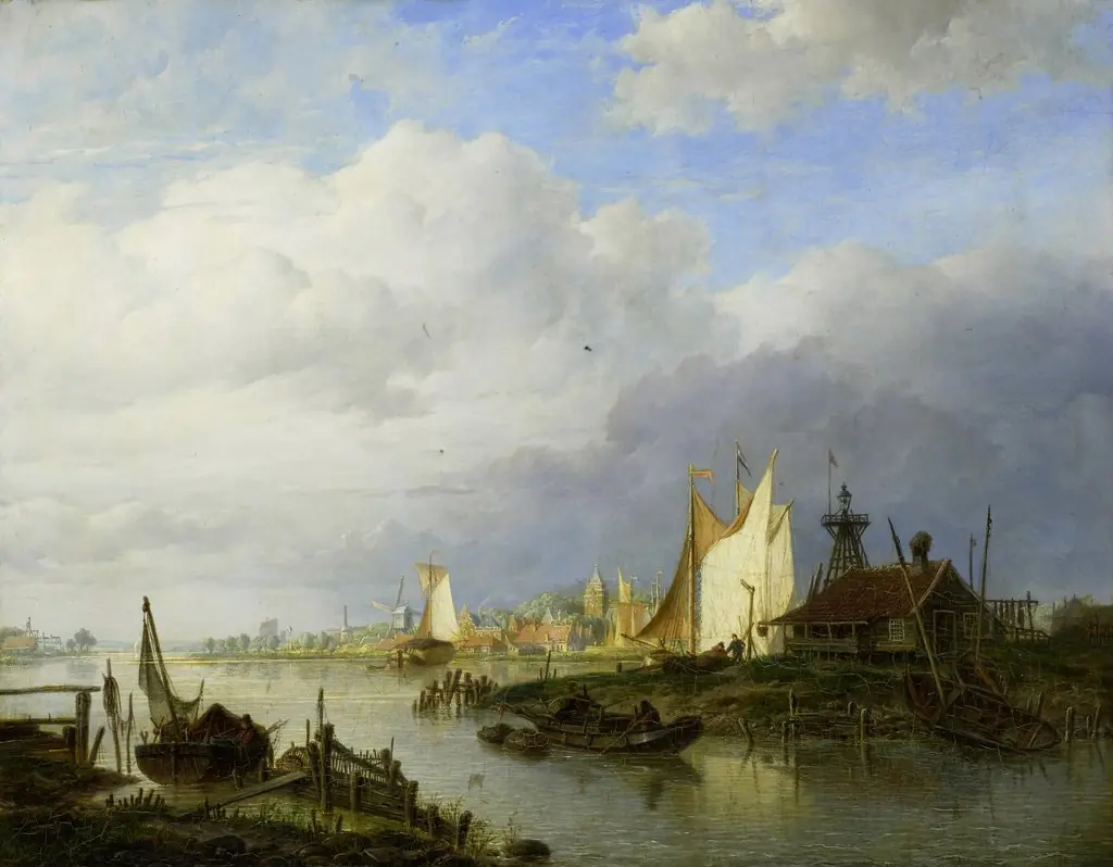 Boats on a River with a Beacon of Light, by Hendrik Vettewinkel, oil, 1847