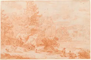 Northern Landscape Fantasy Evoking Tivoli, by Nicolaes Pieterszoon Berchem, chalk, 1664