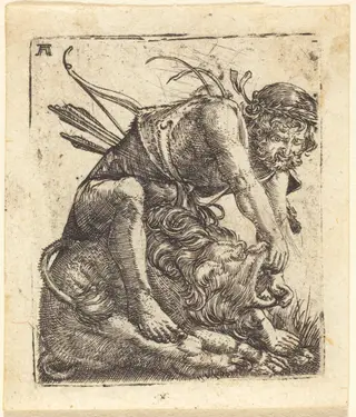 Hercules Overcoming the Nemean Lion, by Albrecht Altdorfer, ink, 1522