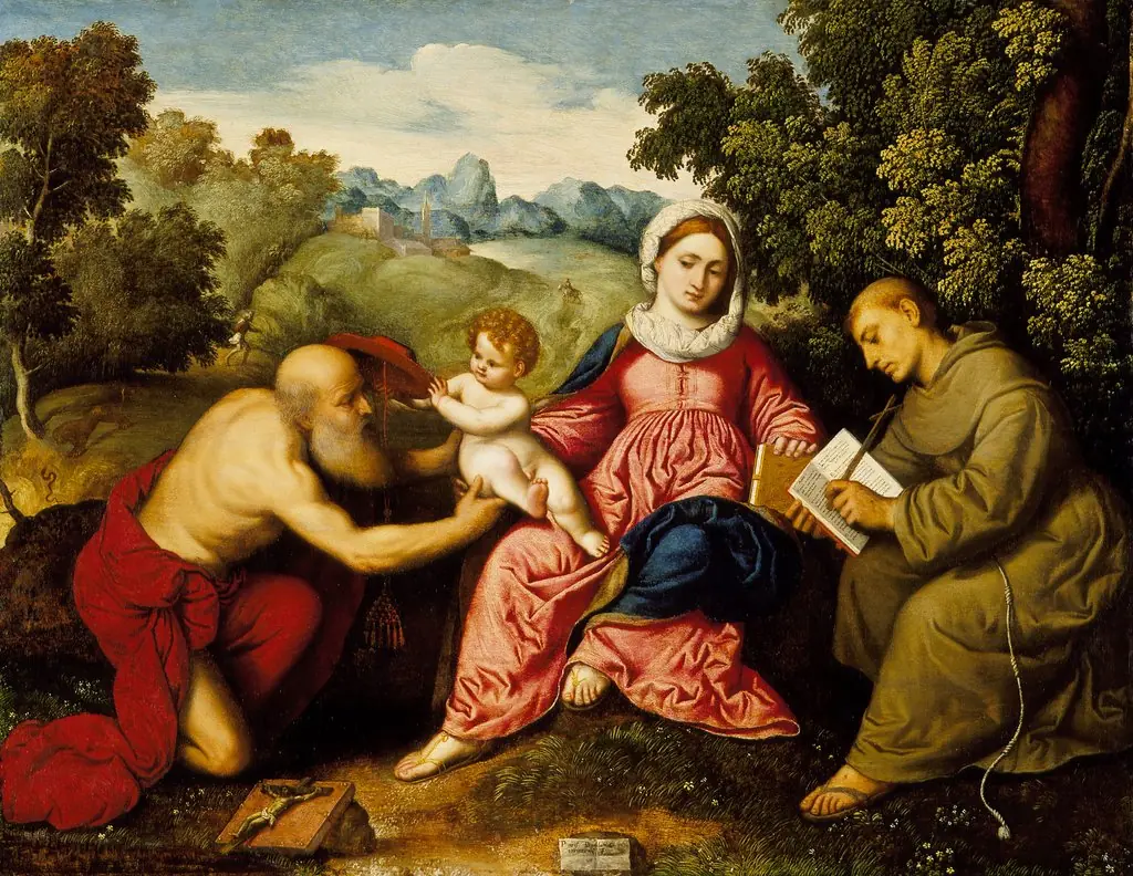 Madonna and Child with Saints Jerome and Francis, by Paris Bordone, oil, 1525