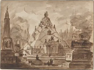 Architectural Fantasy with a Pyramidal Mausoleum, by Charles Michel-Ange Challe, ink, 1747
