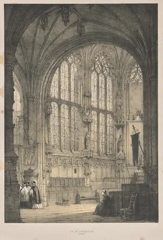 Architecture of the Middle Ages:  In St. Jacques, Dieppe, East End, Interior, by Joseph Nash, 1838