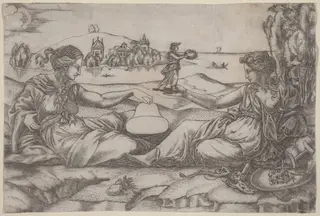 Two Allegorical Figures (Roma and Liberty?), by Master IRs, ink, 1515