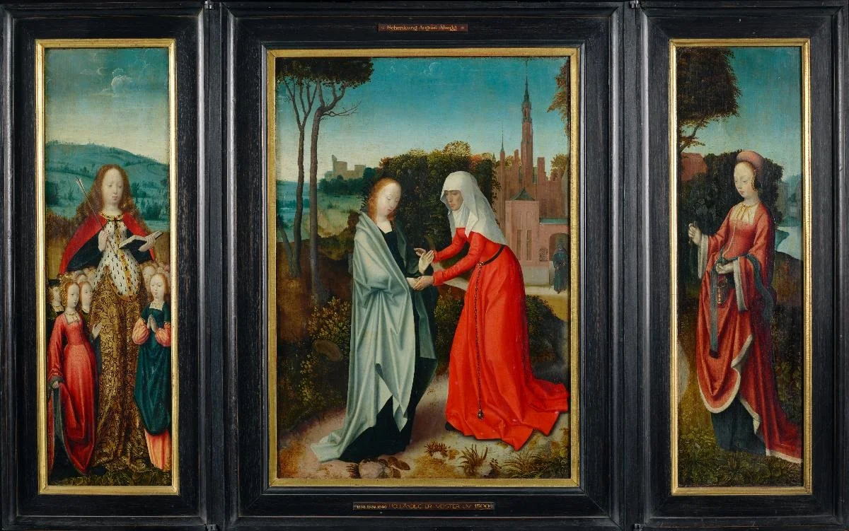 Triptychon. Heimsuchung Mariae zwischen St. Ursula mit den Zehntausend Jungfrauen und St. Martha. Aussenseiten der Flügel: Verkündigung Mariae, detail