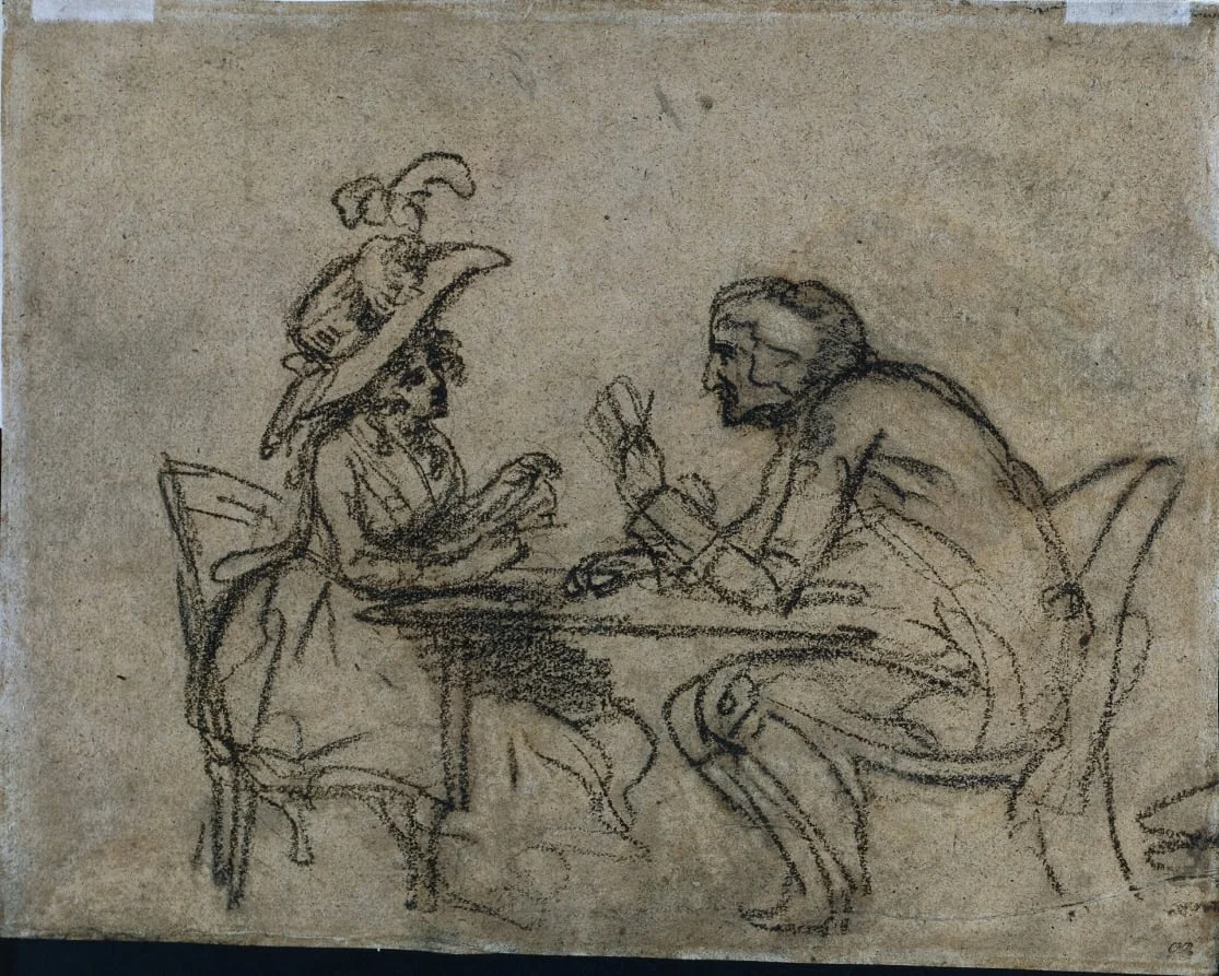 Woman and Man Playing Cards (verso), detail