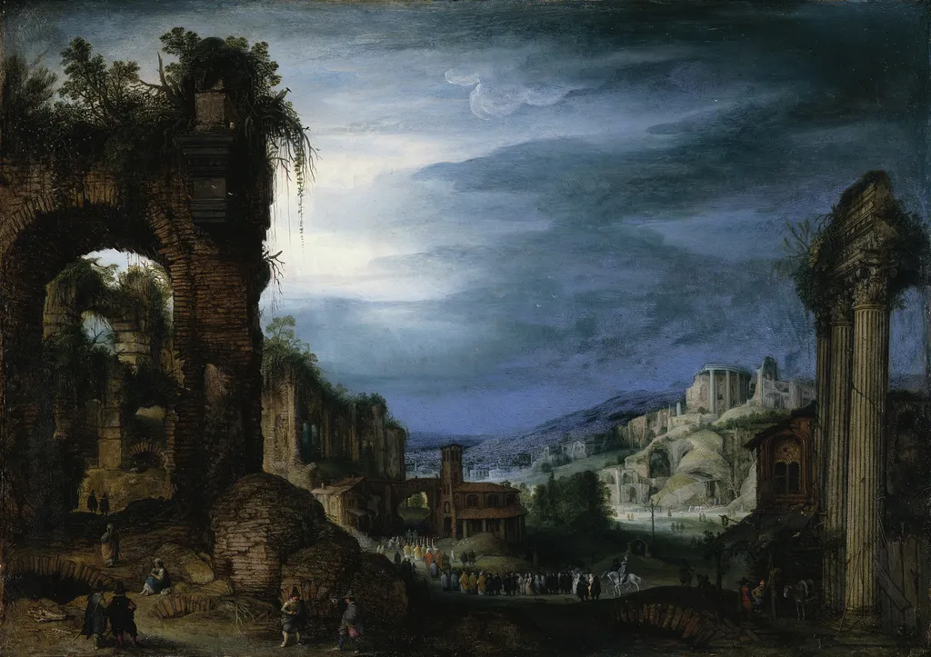 Landscape with Roman Ruins and a Procession, by Paul Bril, paint, 1605
