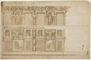 A Palatial Wall Ornamented with Sculptures and Paintings, by Andrea Semino, ink, 1570