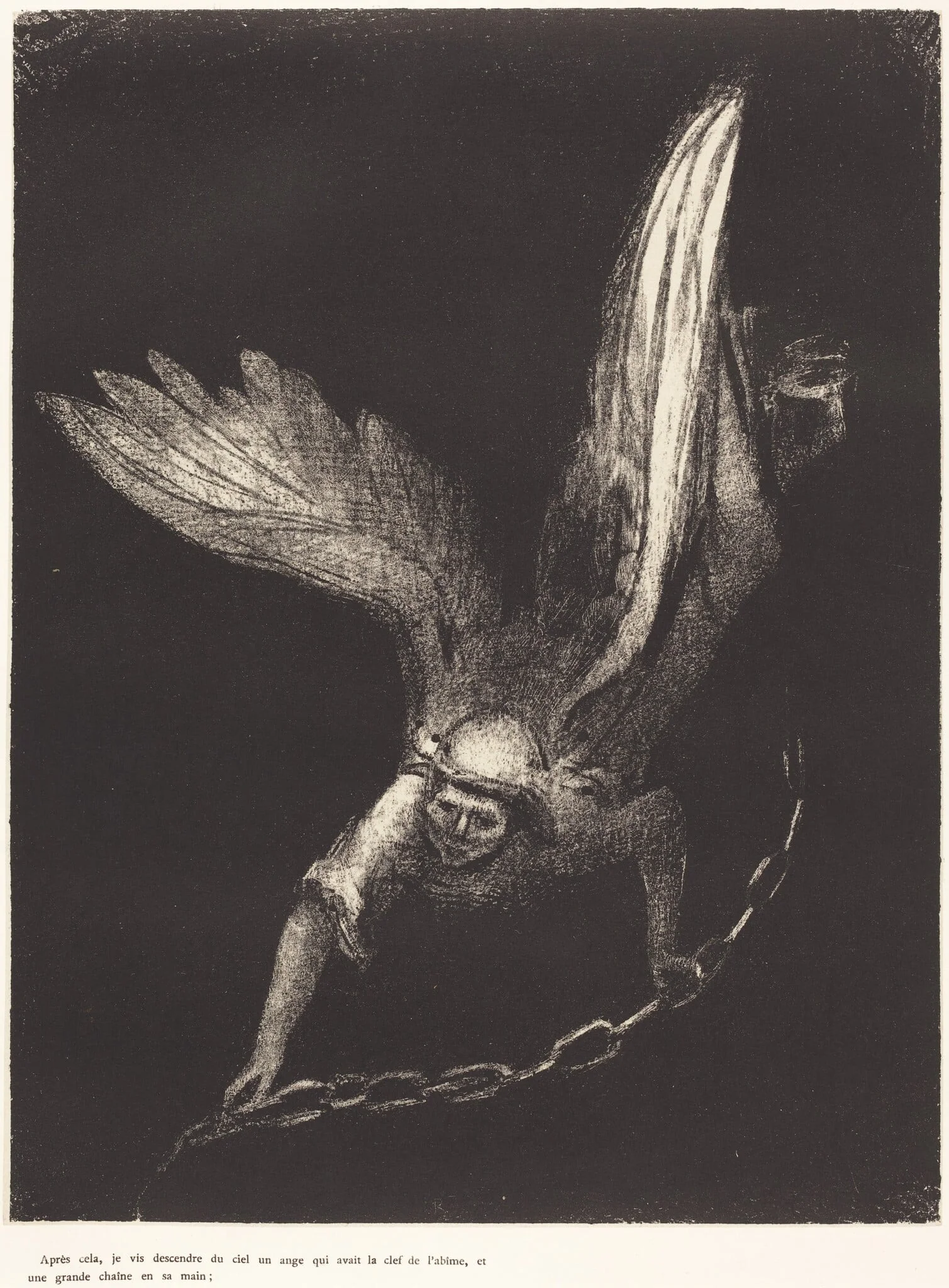 Apres cela je vis descendre du ciel un ange qui avait la clef de l'abime, et une grande chaine en sa main (And I saw an angel come down from heaven, having the key of the bottomless pit and a great chain in his hand), detail