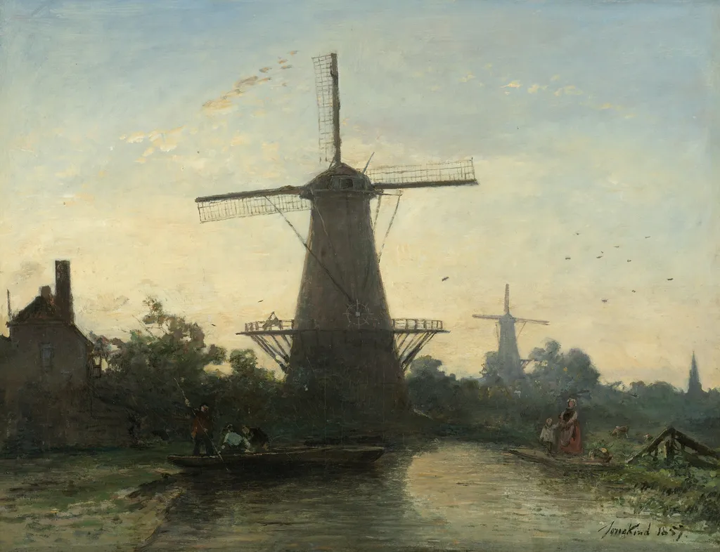 Windmills near Rotterdam, by Johan Jongkind, oil, 1857