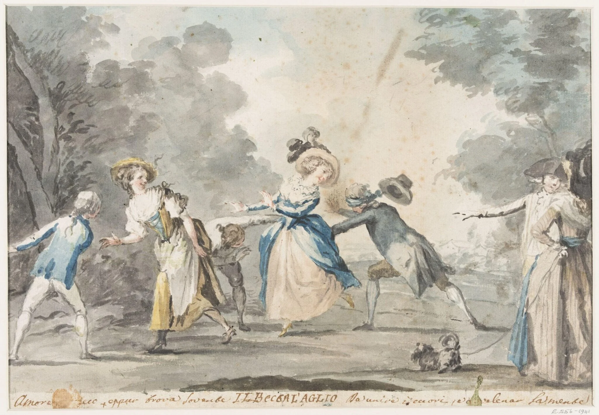 Group of youths and girls playing Blind Man's Buff, detail