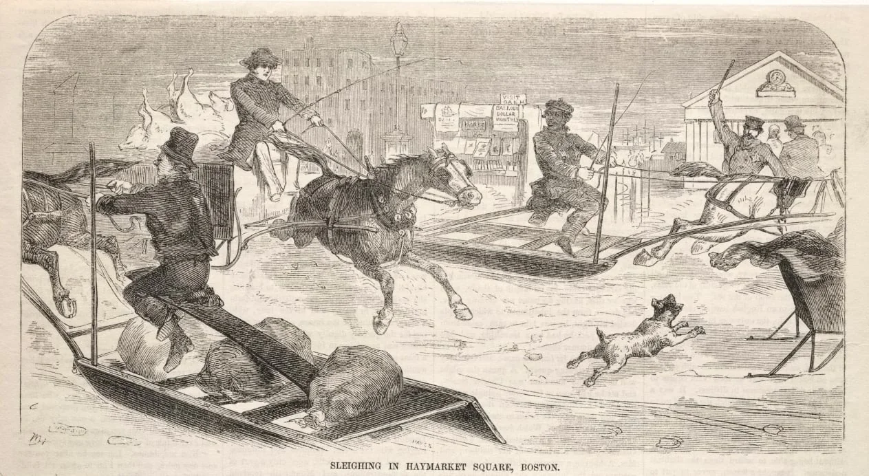 Sleighing in Haymarket Square, Boston, detail