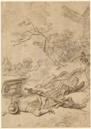 Don Quixote Defeated by the Windmill, by Jean Honoré Fragonard, charcoal, 1784