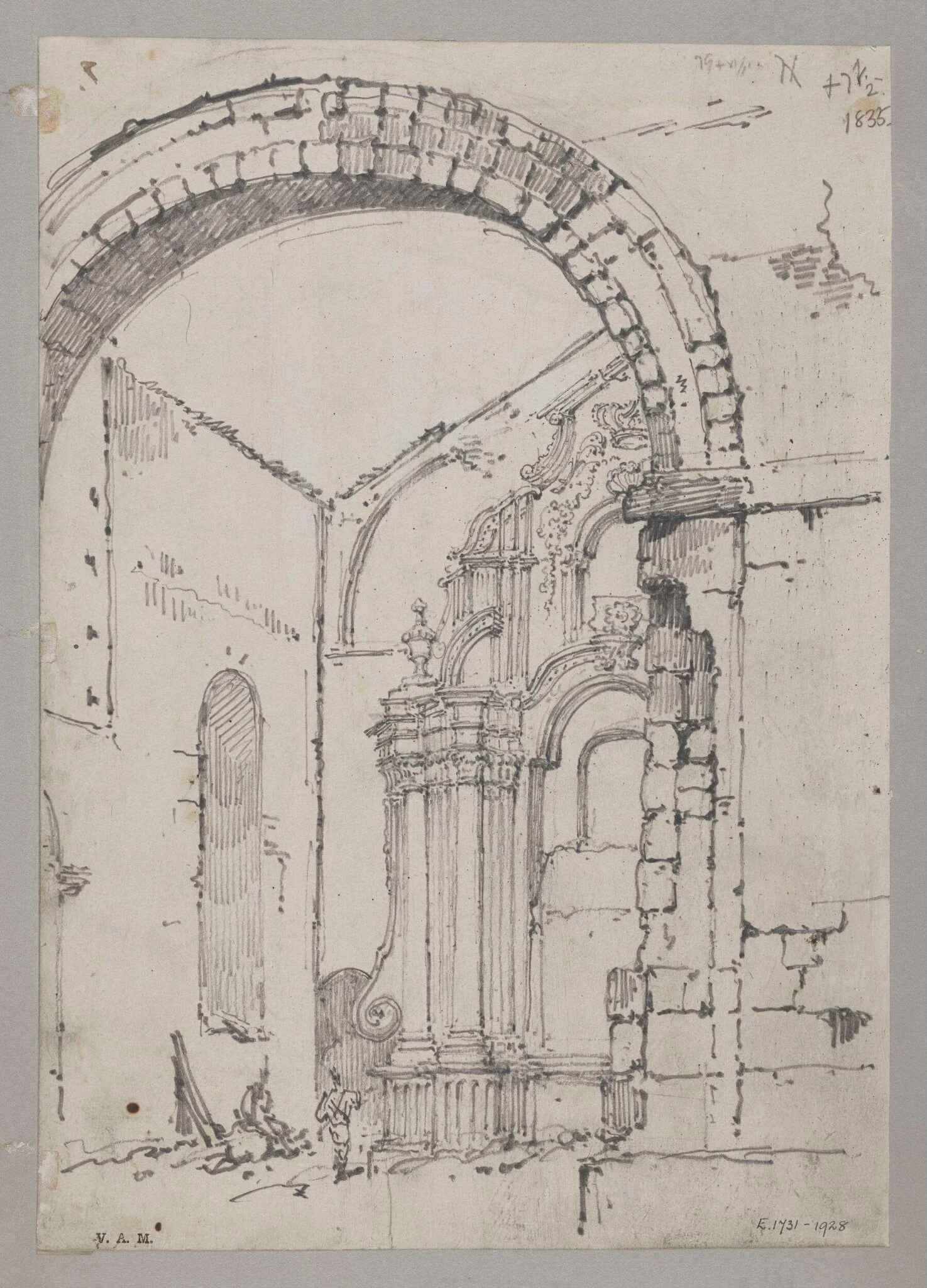 Large archway in the centre nave of St. Paul's Church, Macao, after it was burnt (December 1835), detail