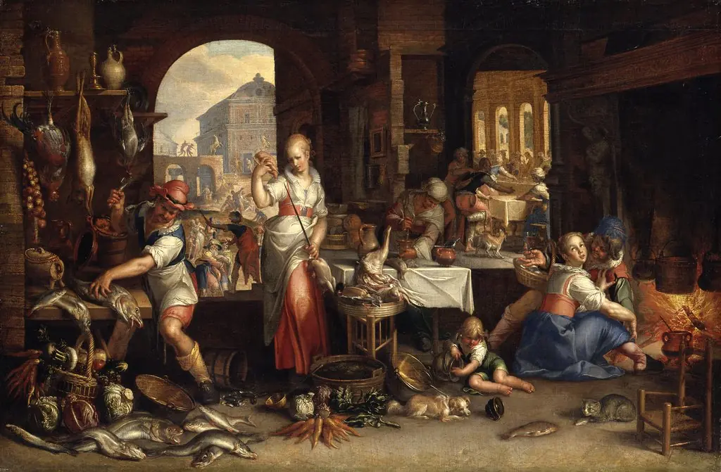 Kitchen interior with the parable of the great supper (Luke 14:12-24), by Joachim Wtewael, paint, 1605