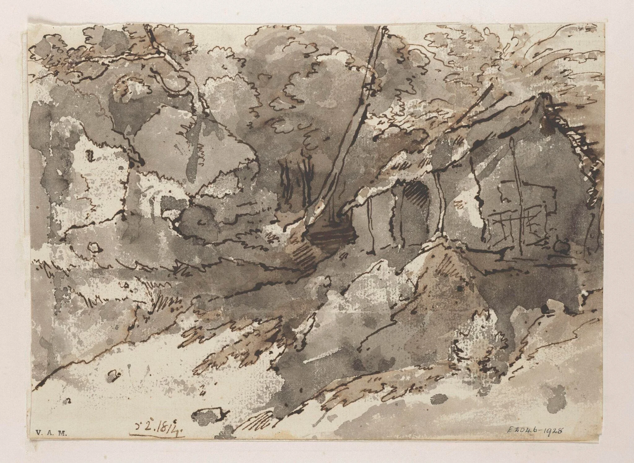 A ramshackle building amid trees and rocks, Bengal, detail