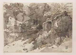 A ramshackle building amid trees and rocks, Bengal, by George Chinnery, 4