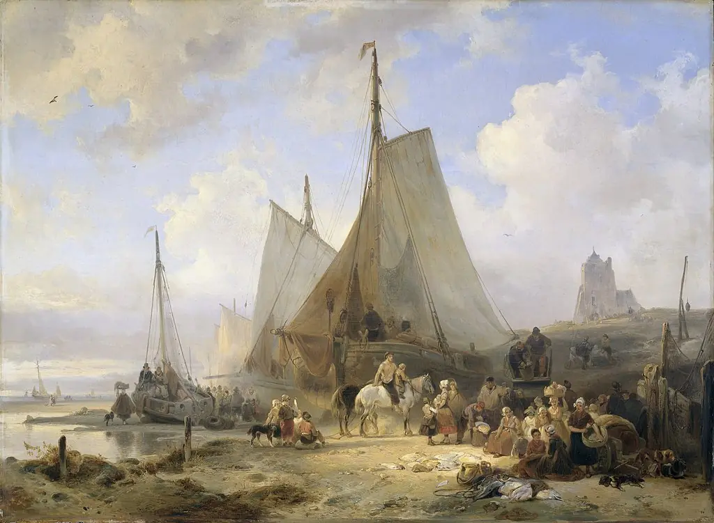 Fishing Boats on the Beach with Fishermen and Women Sorting the Catch, by Wijnand Nuijen, oil, 1835