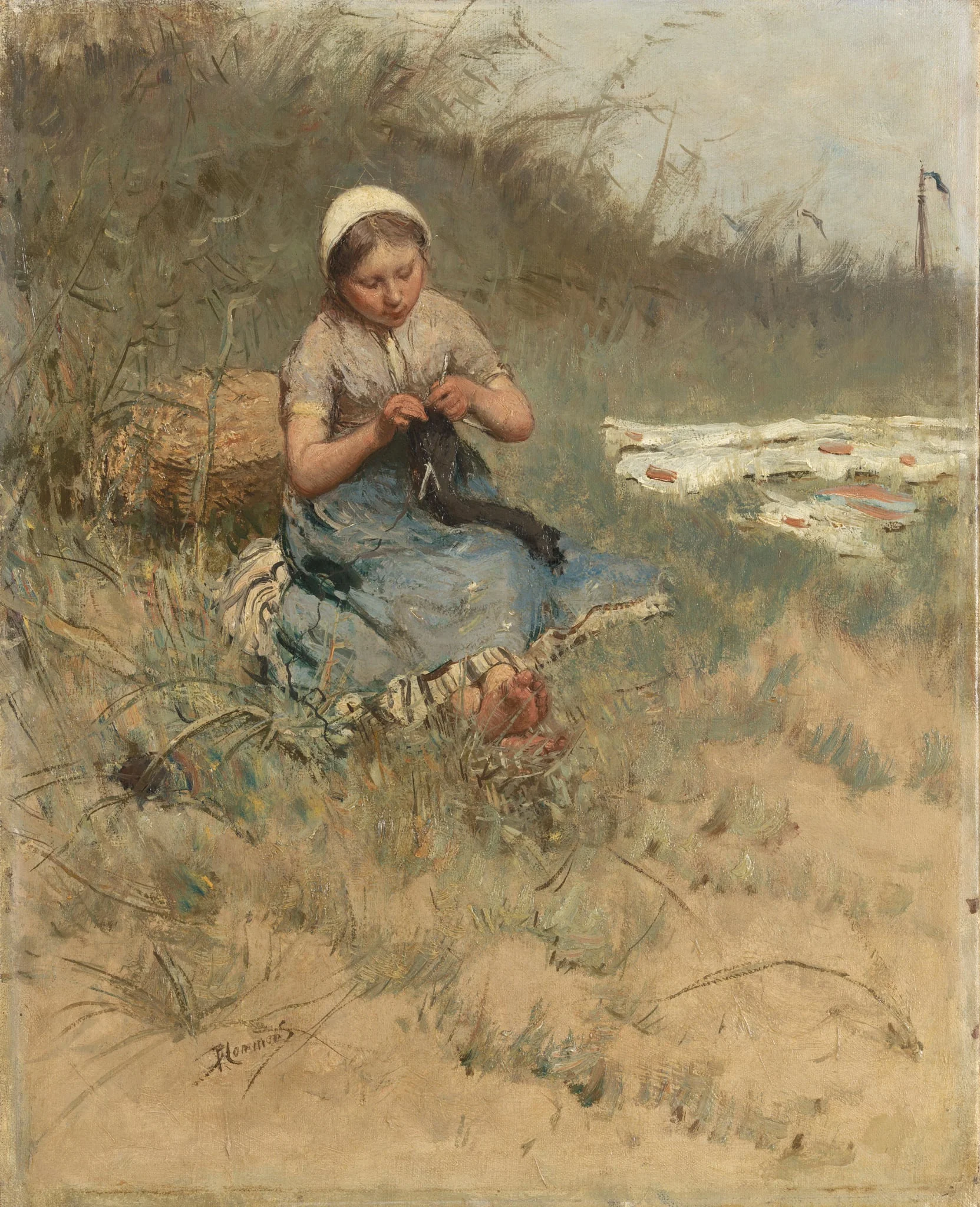 Girl Knitting, detail