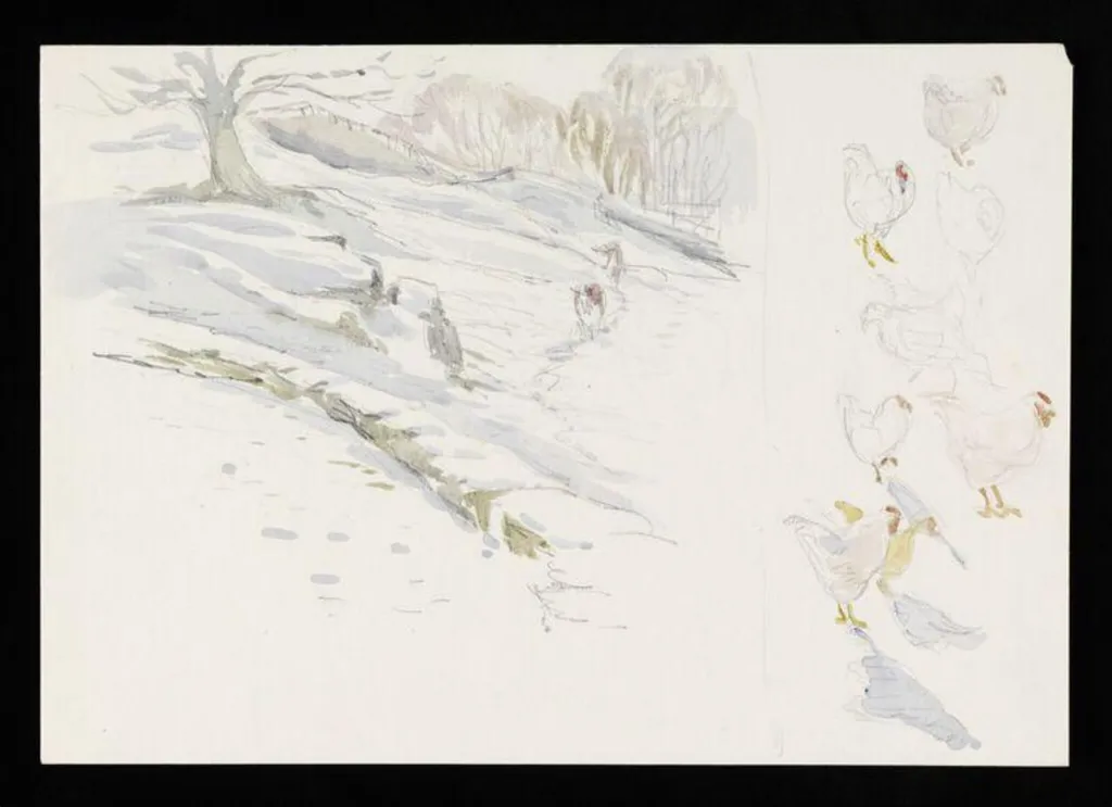 Snow scene with two cows (left) and sketches of chickens (right), by Beatrix Potter, watercolor, 1805