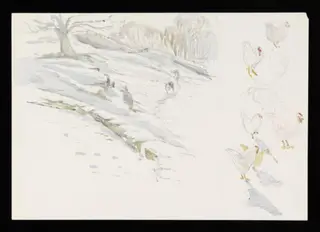 Snow scene with two cows (left) and sketches of chickens (right), by Beatrix Potter, watercolor, 1805