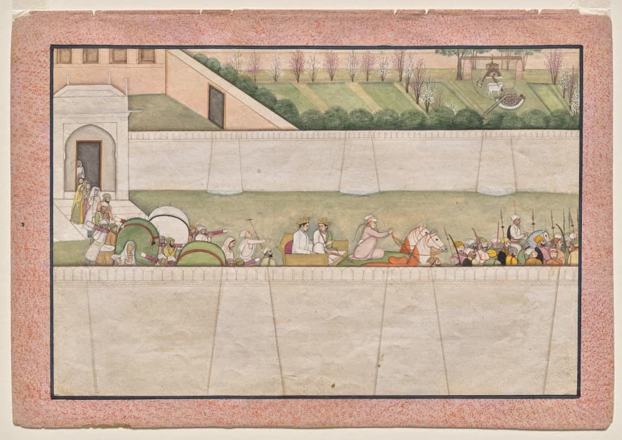 Rama’s brothers Bharata and Shatrughna set out from Ayodhya to find Rama and Lakshmana in the forest to inform them of the death of their father Dasharatha, from Chapter 77 of the Ayodhya Kanda (Book of Ayodhya) of a Ramayana (Rama’s Journey), detail