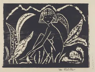 Nude Figure of a Girl in a Landscape (Madchenzwischen Blattpflanzen), by Otto Mueller, ink, 1912