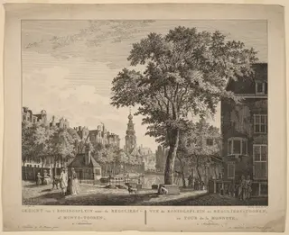 Gezicht van't Koningsplein naar de Reguliers of Munts-Tooren, Te Amsterdam, by Paulus van Liender, ink, 1760