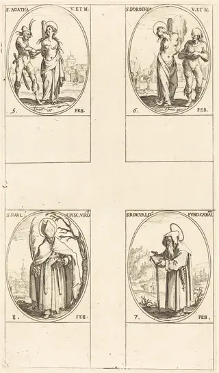 St. Agatha; St. Dorothy; St. Romuald of Ravenna; St. Paul, Bishop of Verdun, by Jacques Callot, ink, 1634