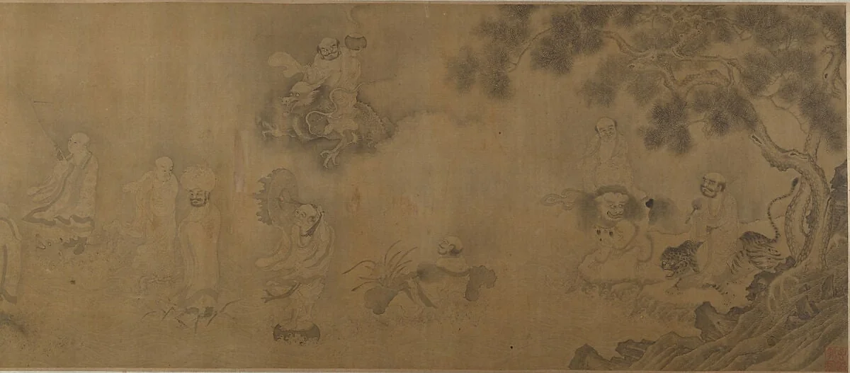 明 /清 佚名 李公麟 偽款 龍王請齋圖 卷|Buddhist luohans crossing the sea to the palace of the dragon king, detail