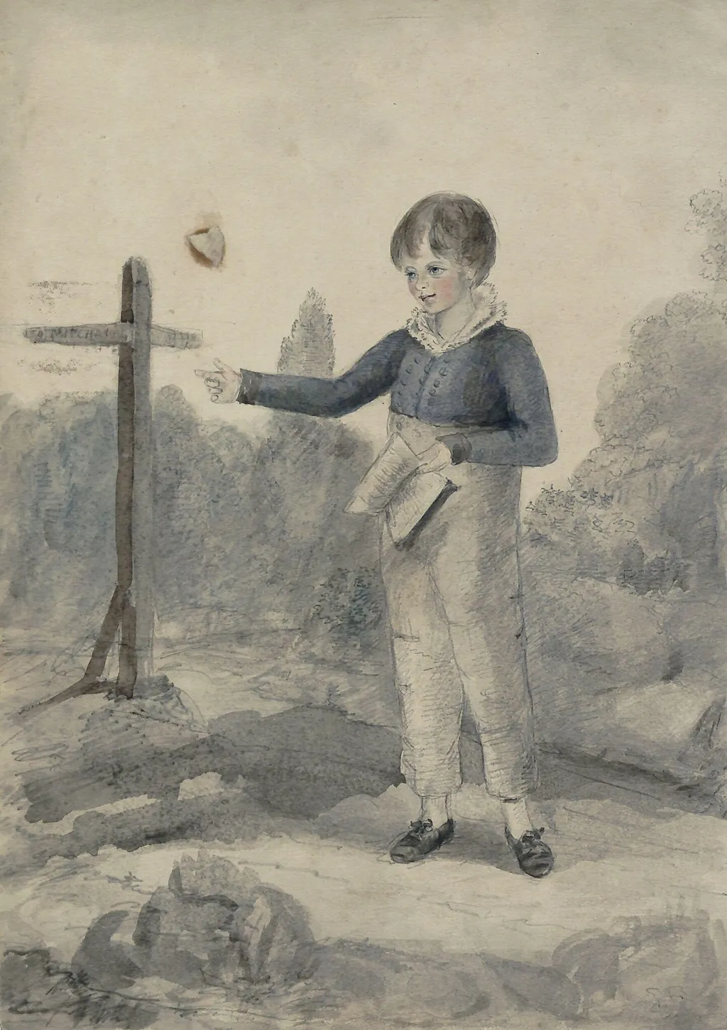 Boy with a book on a country lane, by Louisa, Marchioness of WATERFORD, watercolor, 1850