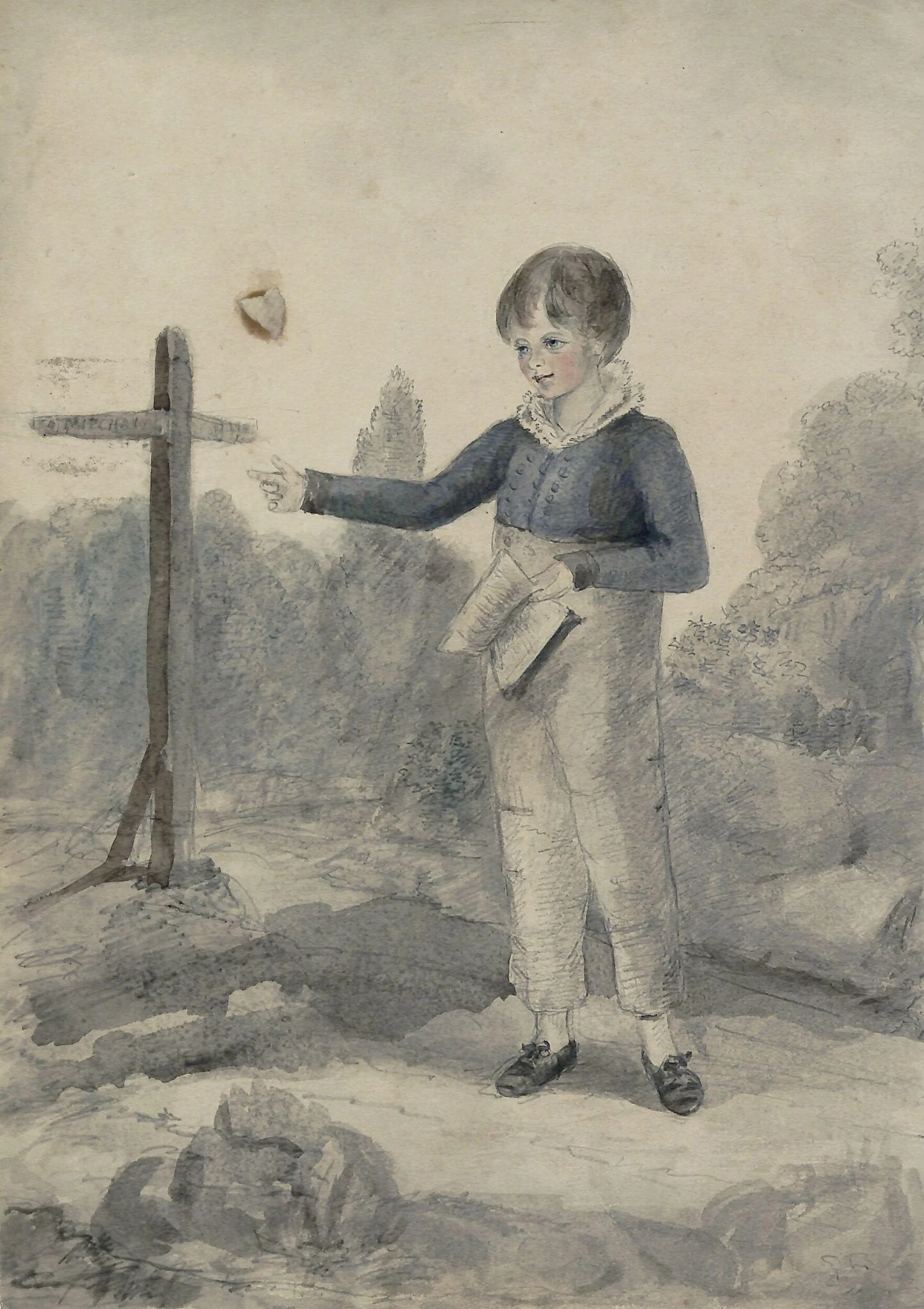 Boy with a book on a country lane, detail