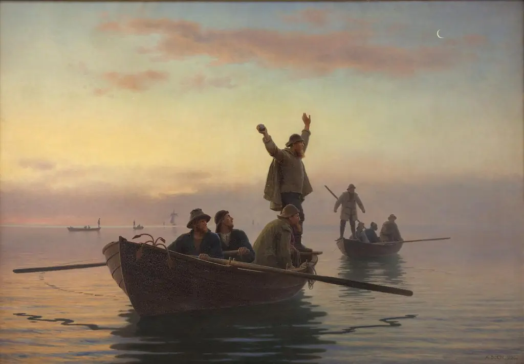 Hornfiskefangst med drivvod. Tidlig morgen, by Anton Dorph, oil, 1890