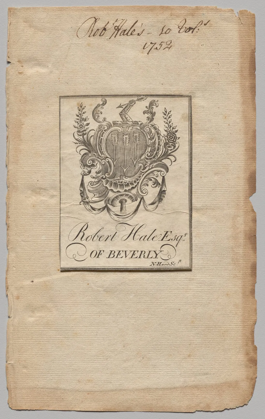 Bookplate:  Coat of Arms with Robert Hale, Esq. inscribed, by Nathaniel Hurd, 1764