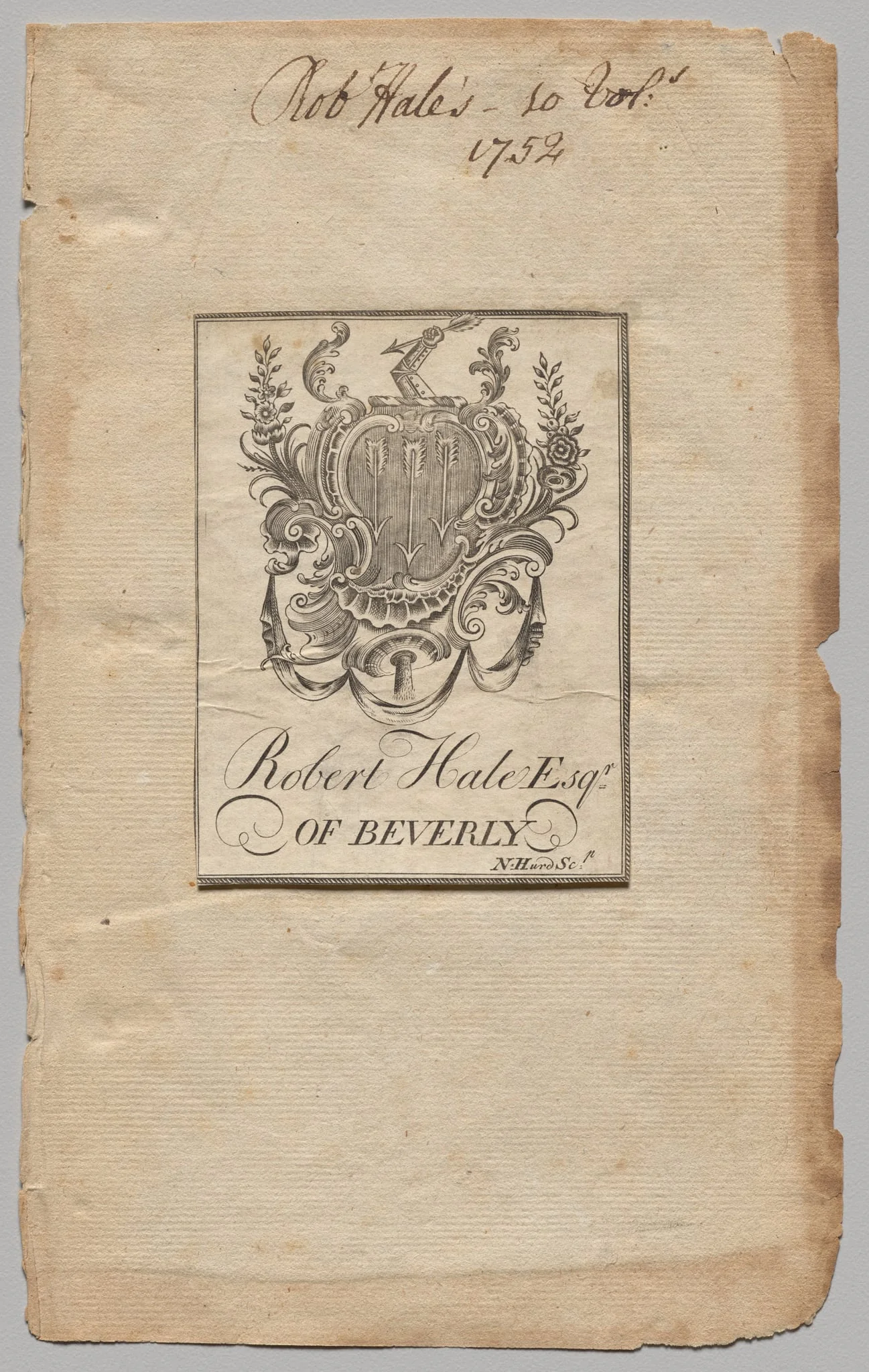 Bookplate: Coat of Arms with Robert Hale, Esq. inscribed, detail